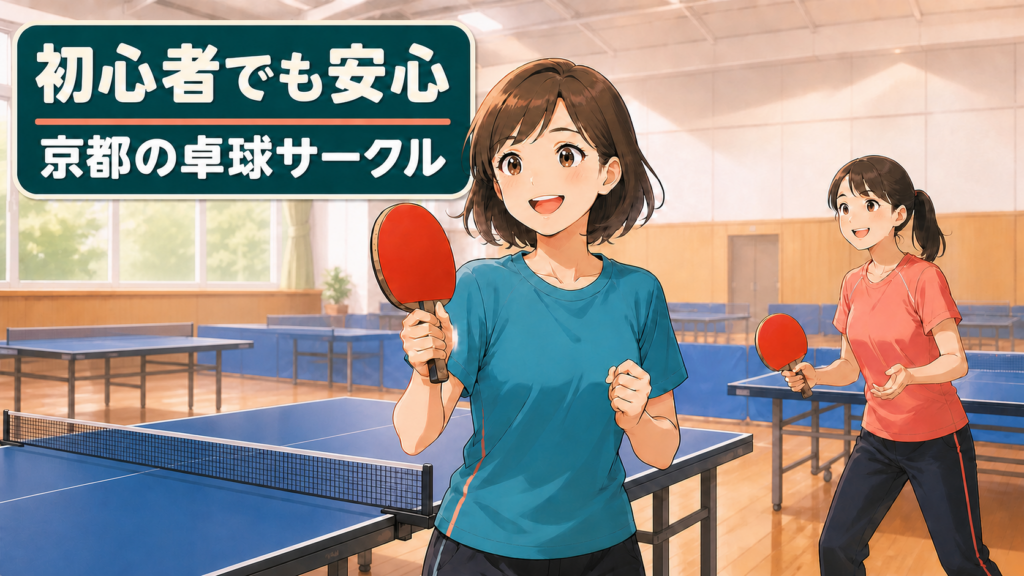 京都の卓球サークルで初心者の女性が笑顔で卓球を楽しんでいる様子