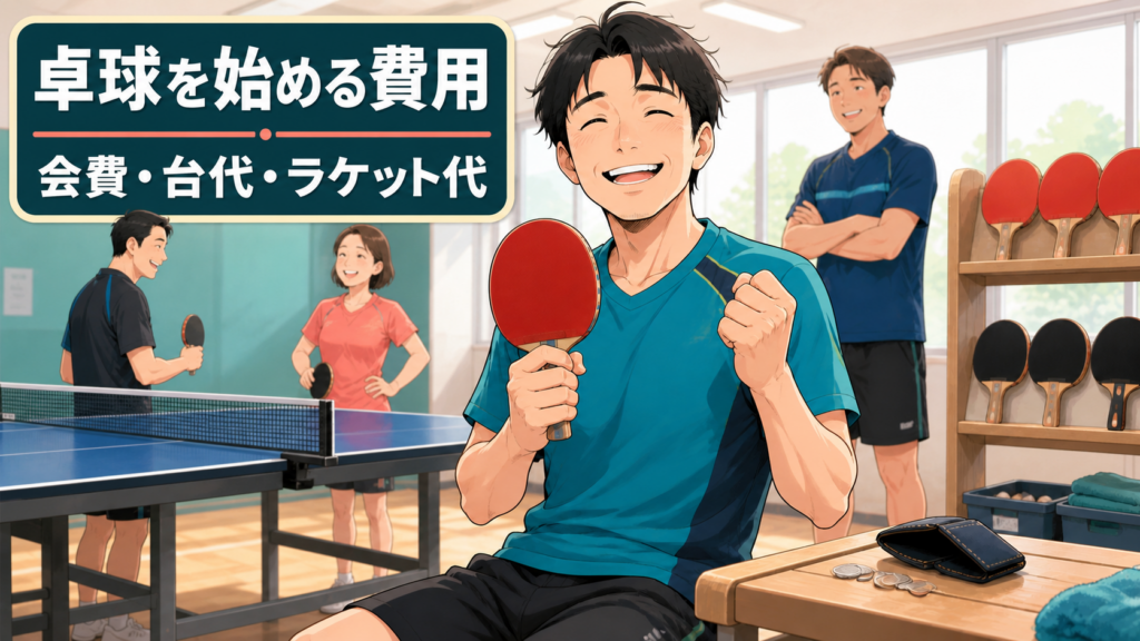 費用を抑えて卓球を始めた初心者がラケットを持って笑顔でいる様子